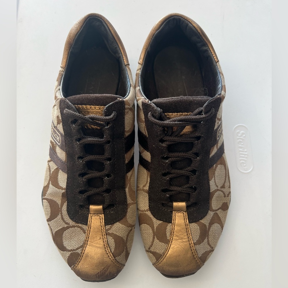 Coach Kate Signature Brown Suede & Leather Gold Trim Sneakers